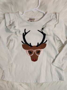 White Girls' Reindeer Appliqué Top  Ruffle - Brand: Adventure Wear -